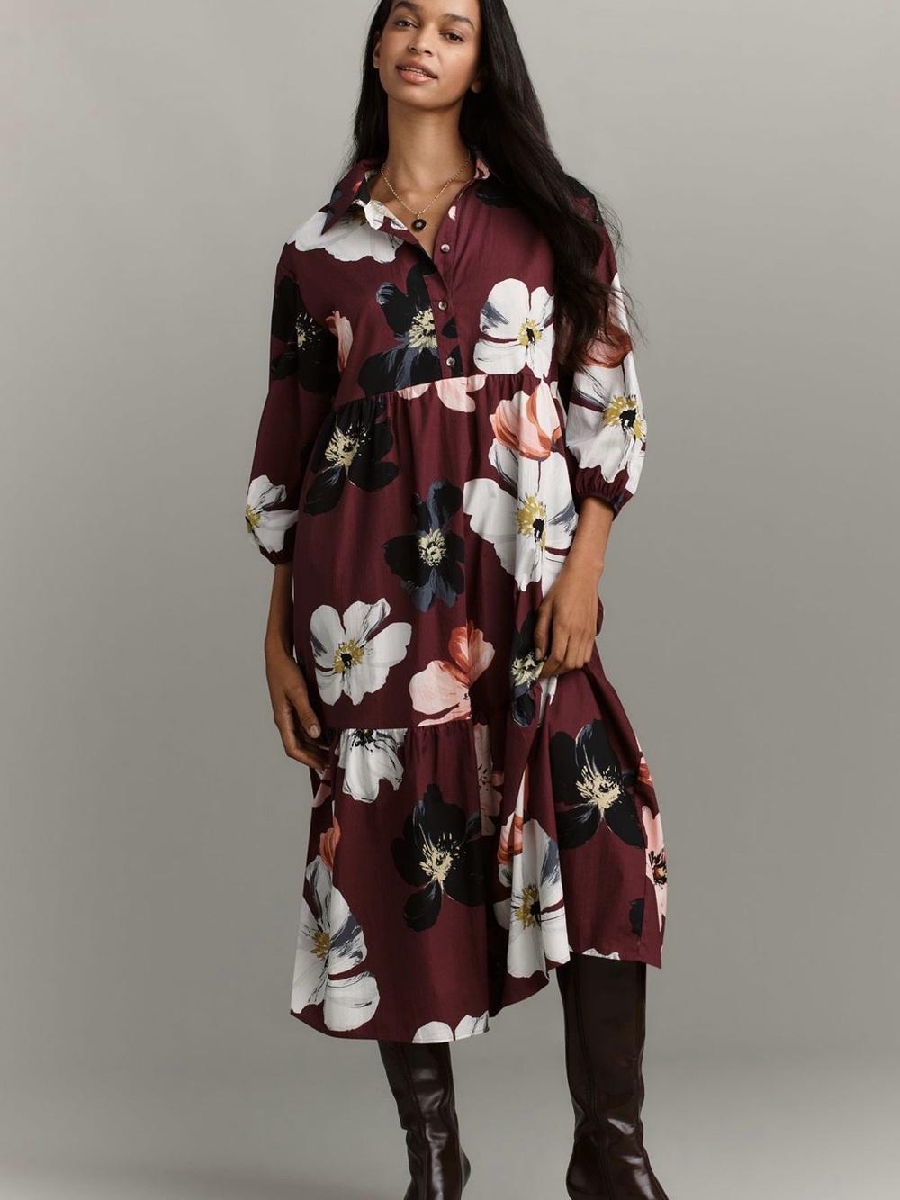 Anthropologie Maeve Tiered Midi Dress in Burgundy